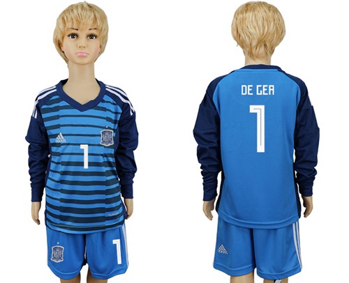 Spain #1 De Gea Blue Long Sleeves Goalkeeper Kid Soccer Country Jersey - Click Image to Close